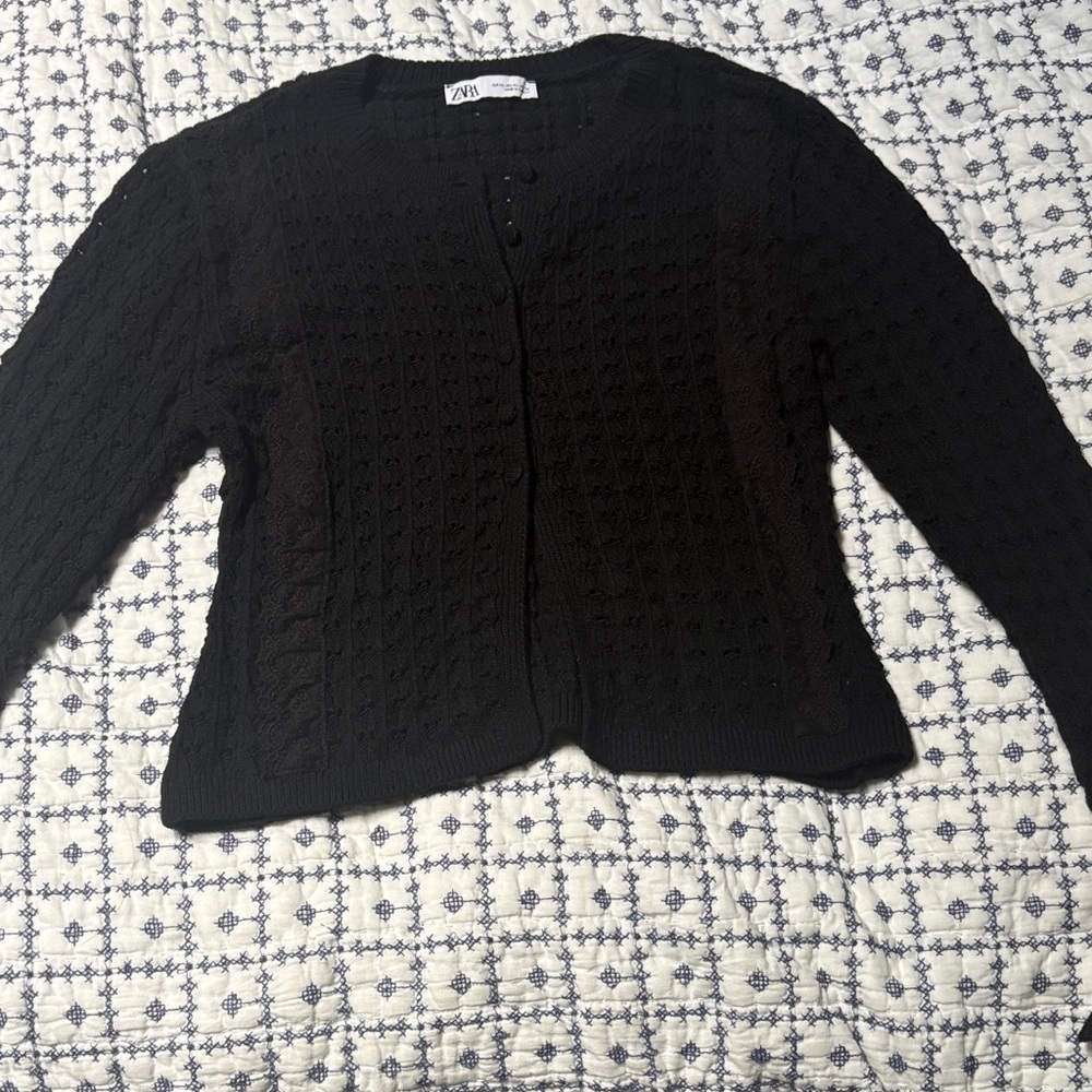 Zara Women's Black Open Knit Cardigan Sweater with Lace Frill Sleeves